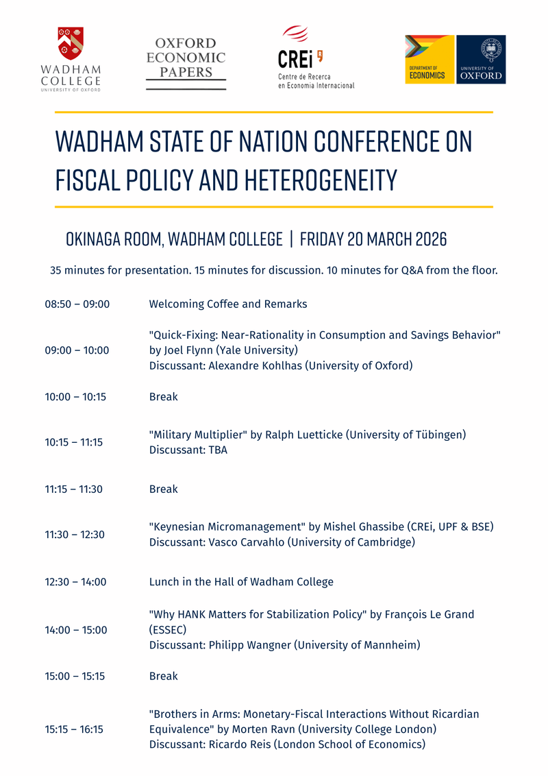 Event programme of Wadham state of nation conference on fiscal policy and heterogeneity